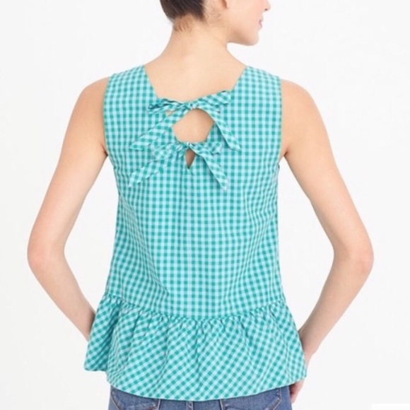 J Crew Printed Bow Back Peplum Tank Top Gingham Blue Green Size L NEW - Picture 8 of 9